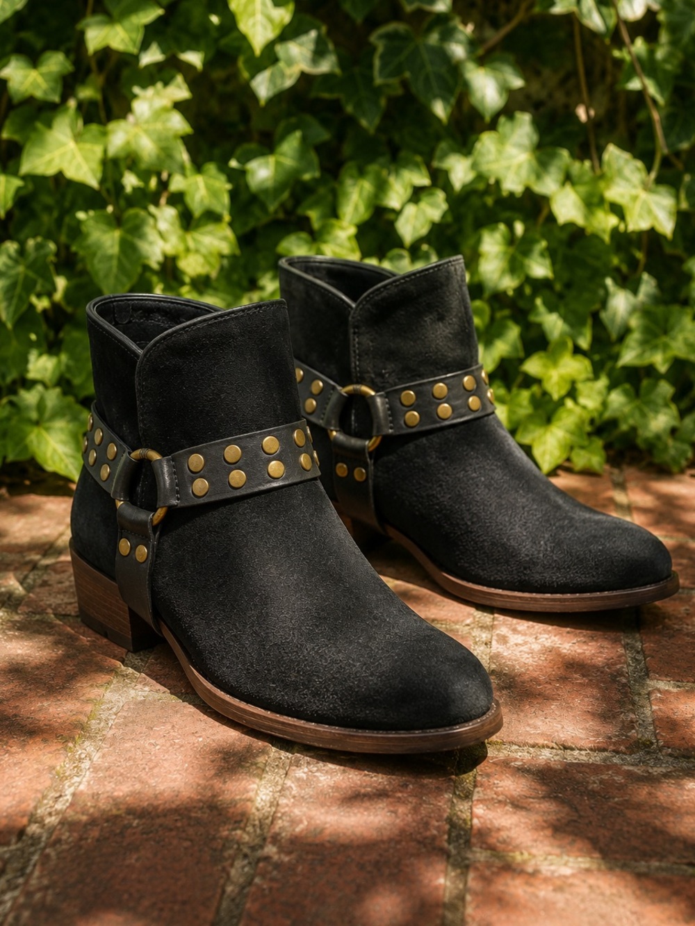 UGG Black Distressed Suede Leather Studded Harness Moto Boots, 6